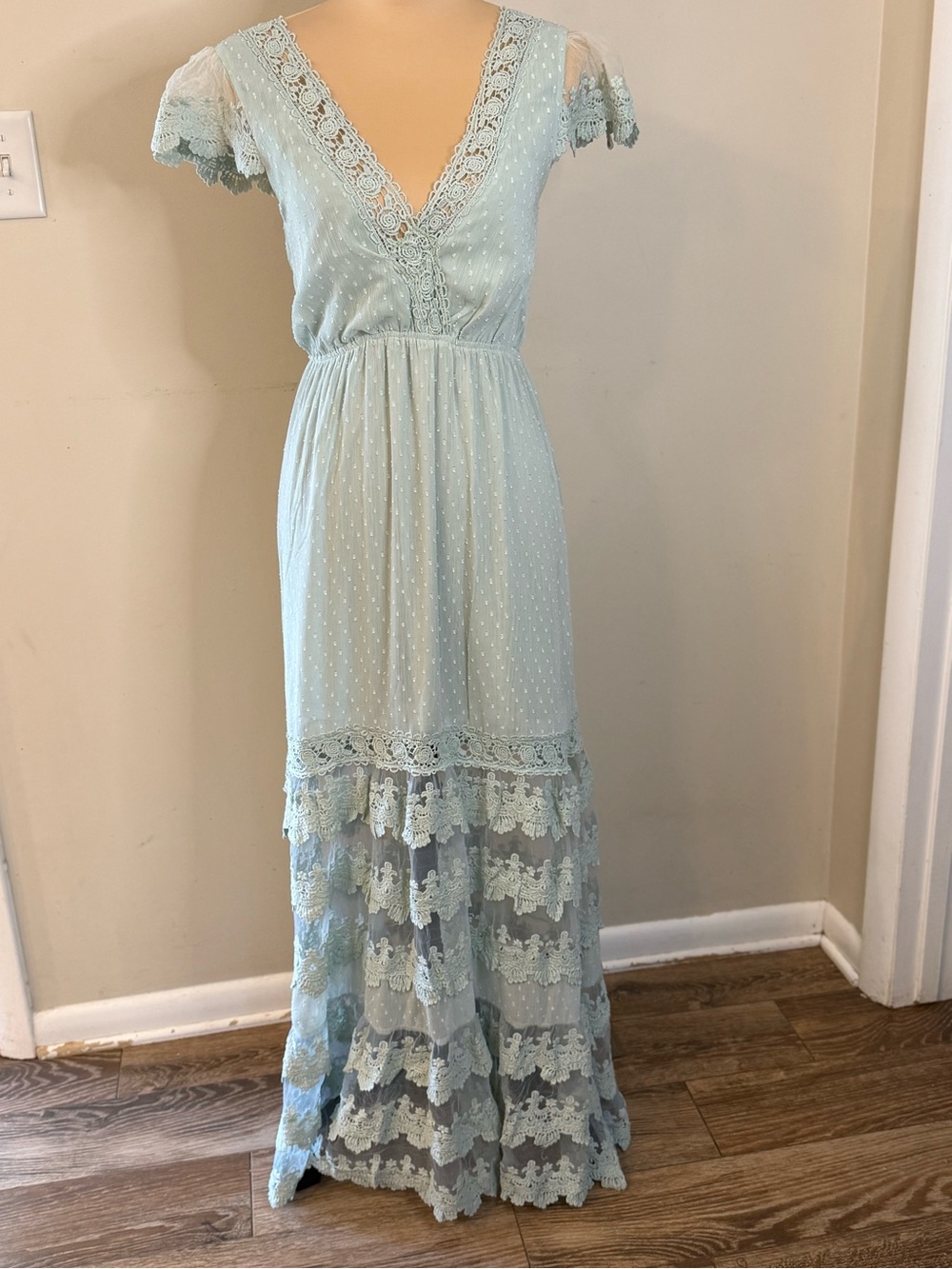 Altar’d State Swiss Dot floral lace maxi dress bluish mint green XS